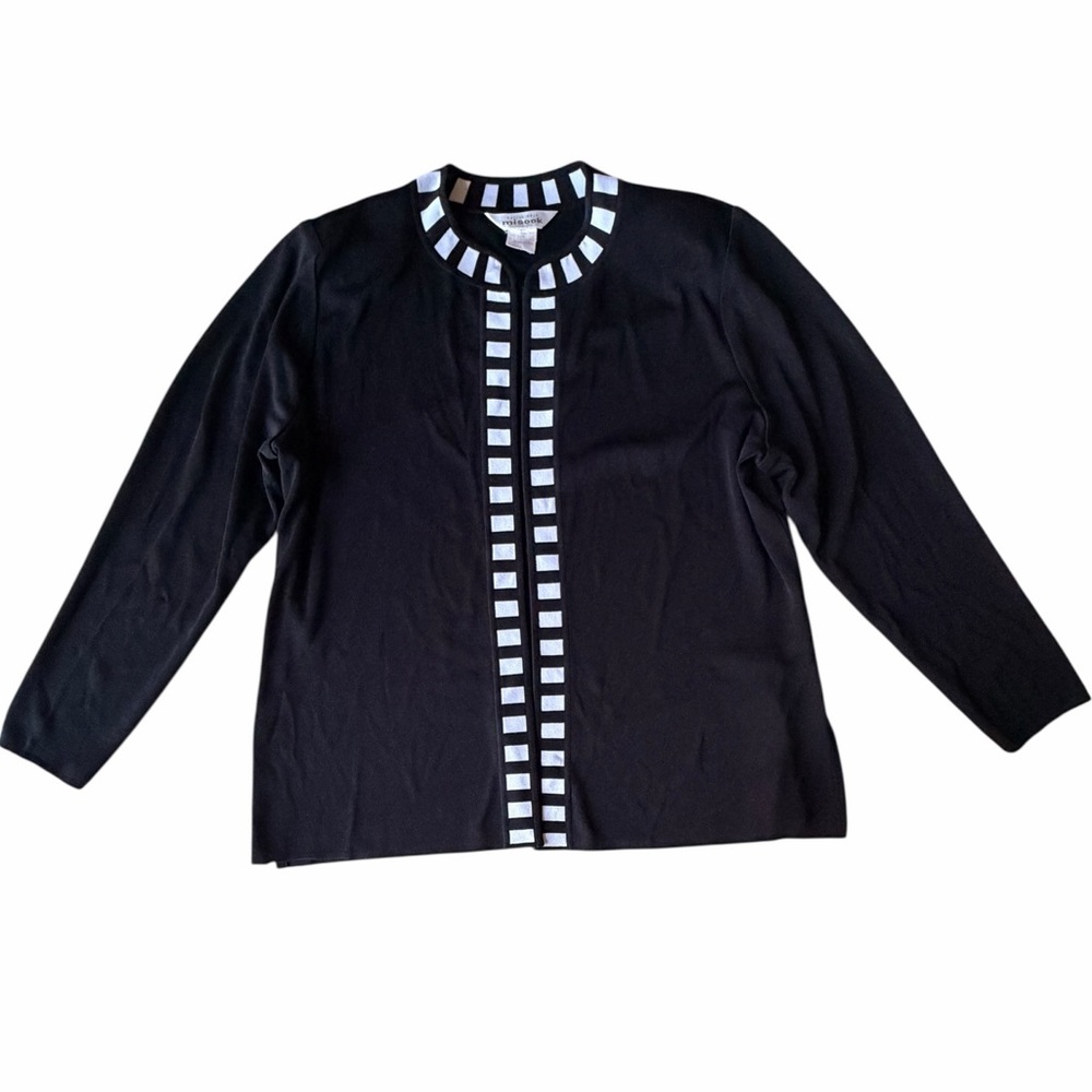 Misook Black and White Round Neck Open Front Cardigan Knit Sweater Jacket, XL